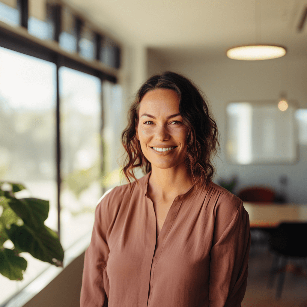 Australian woman in mid 30s standing next to open window, natural light flooding in. She looks optimistic.