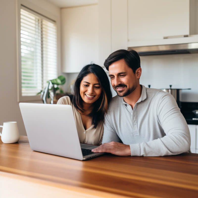 Couple sitting at dining table with laptop have genetic counsellor consultation online